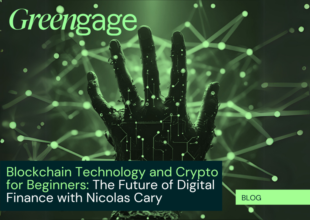 Image of an outstretched hand covered in digital nodes, cryptocurrency and blockchain.